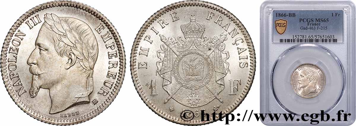 1 franc Napoléon III, tête laurée 1866 Strasbourg F.215/4 MS65 PCGS