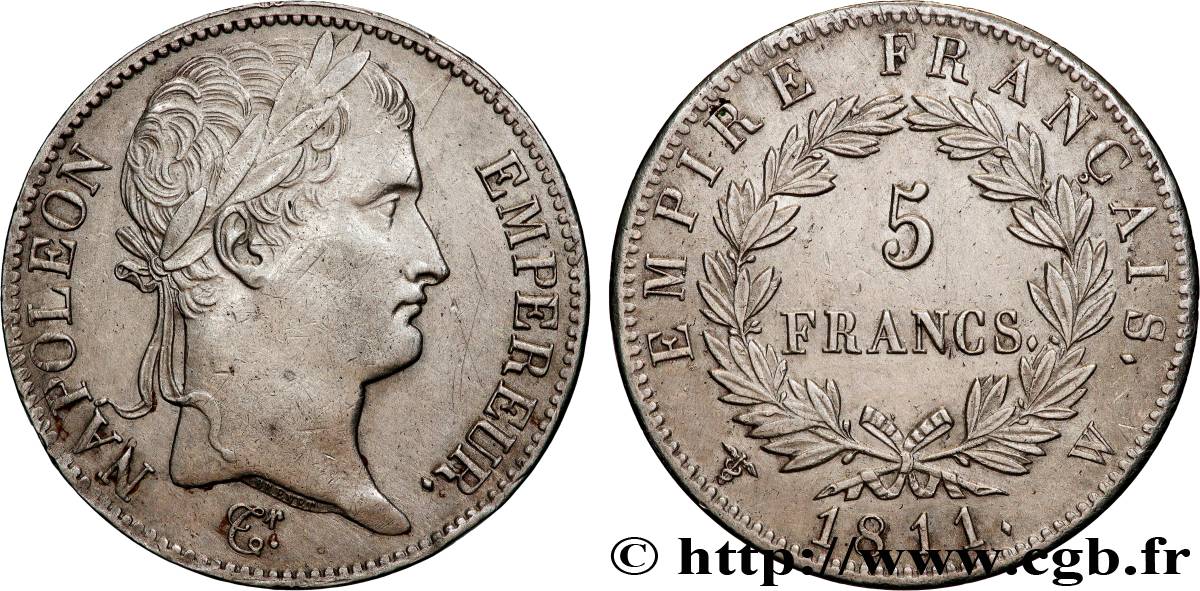 5 francs Napoléon Empereur, Empire français 1811 Lille F.307/40 TTB+ 