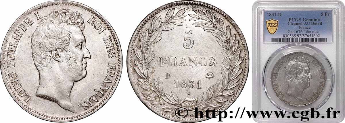 5 francs type Tiolier avec le I, tranche en creux 1831 Lyon F.315/17 AU PCGS
