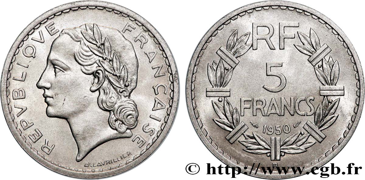5 francs Lavrillier, aluminium 1950 Beaumont-Le-Roger F.339/21 MS64 