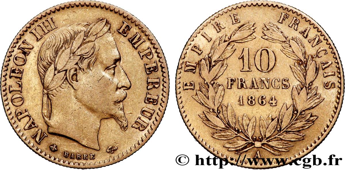 10 francs or Napoléon III, tête laurée 1864 Paris F.507A/6 VF 