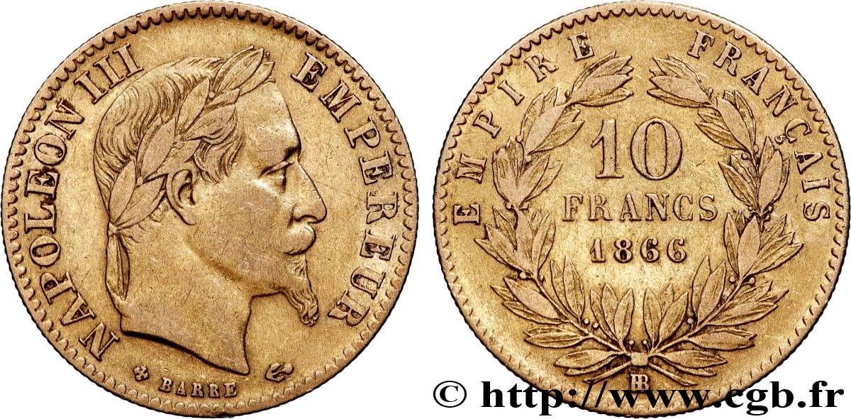10 francs or Napoléon III, tête laurée 1866 Strasbourg F.507A/13 TB 