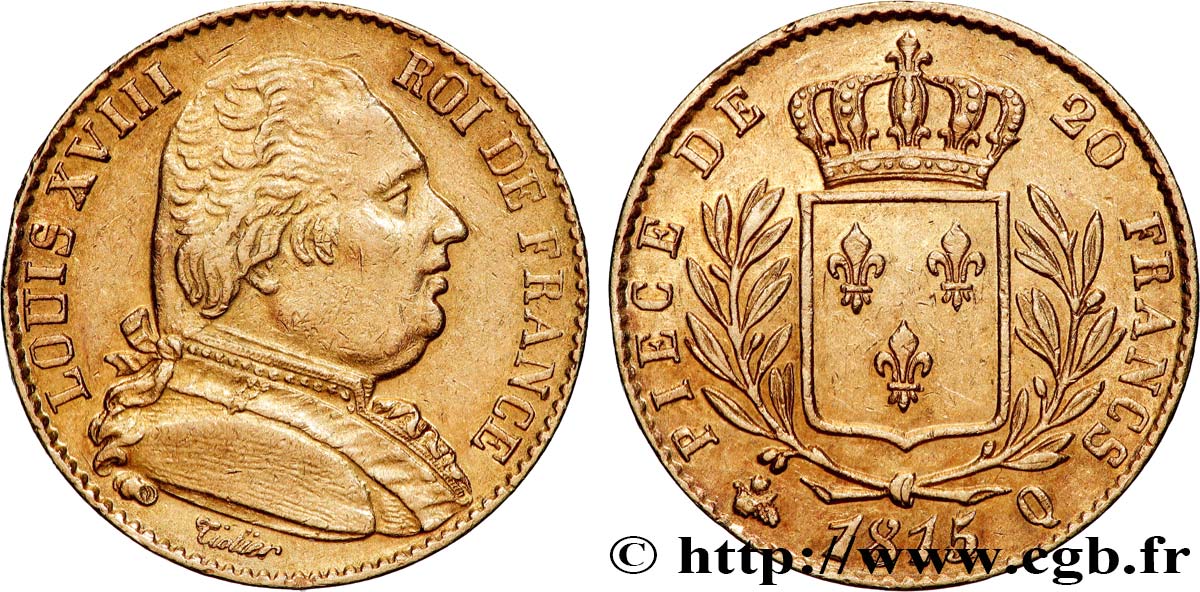 20 francs or Louis XVIII, buste habillé 1815 Perpignan F.517/17 AU 