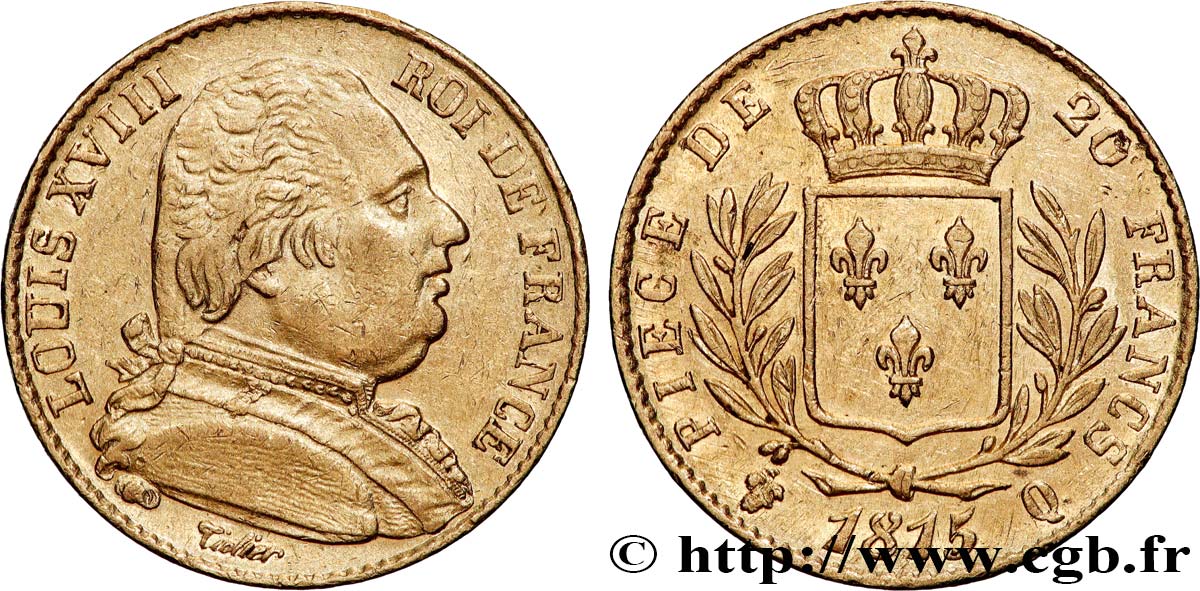 20 francs or Louis XVIII, buste habillé 1815 Perpignan F.517/16 XF 
