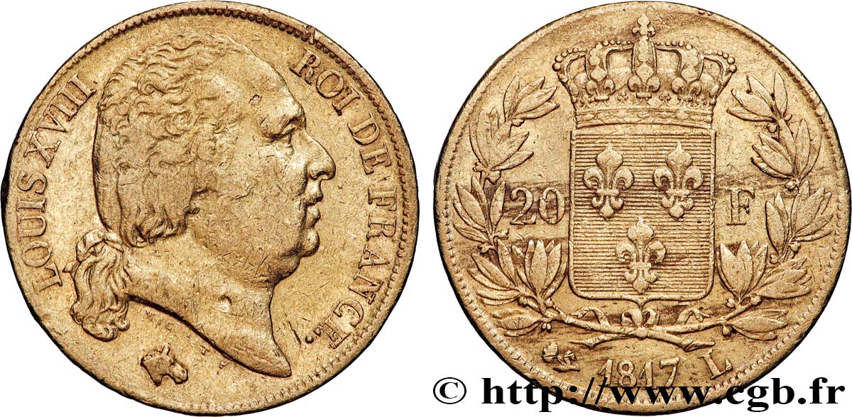 20 francs or Louis XVIII, tête nue 1817 Bayonne F.519/7 TB+ 