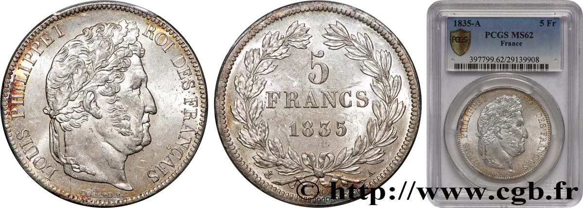 5 francs IIe type Domard 1835 Paris F.324/42 SUP62 PCGS