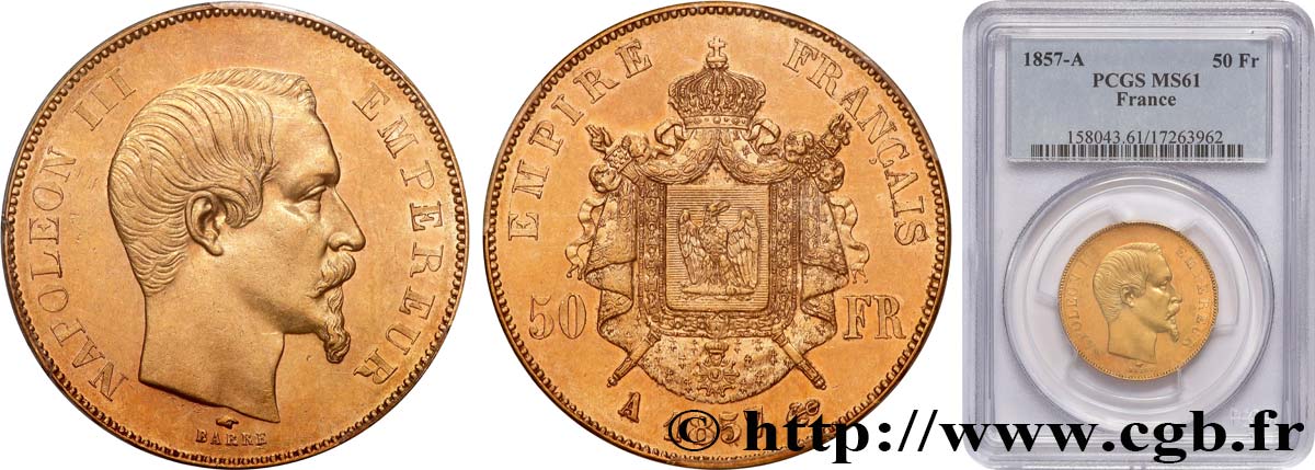 50 francs or Napoléon III, tête nue 1857 Paris F.547/4 SUP61 PCGS