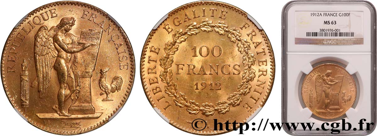 100 francs or Génie, tranche inscrite en relief Liberté Égalité Fraternité 1912 Paris F.553/6 SPL63 PCGS