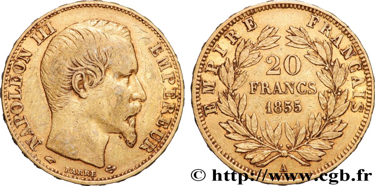 20 francs or Napoléon III, tête nue 1855 Paris F.531/4 XF 