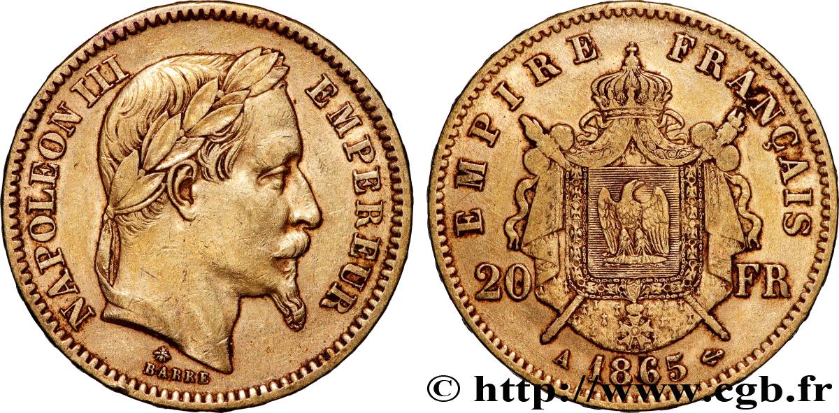 20 francs or Napoléon III, tête laurée 1865 Paris F.532/11 BB 