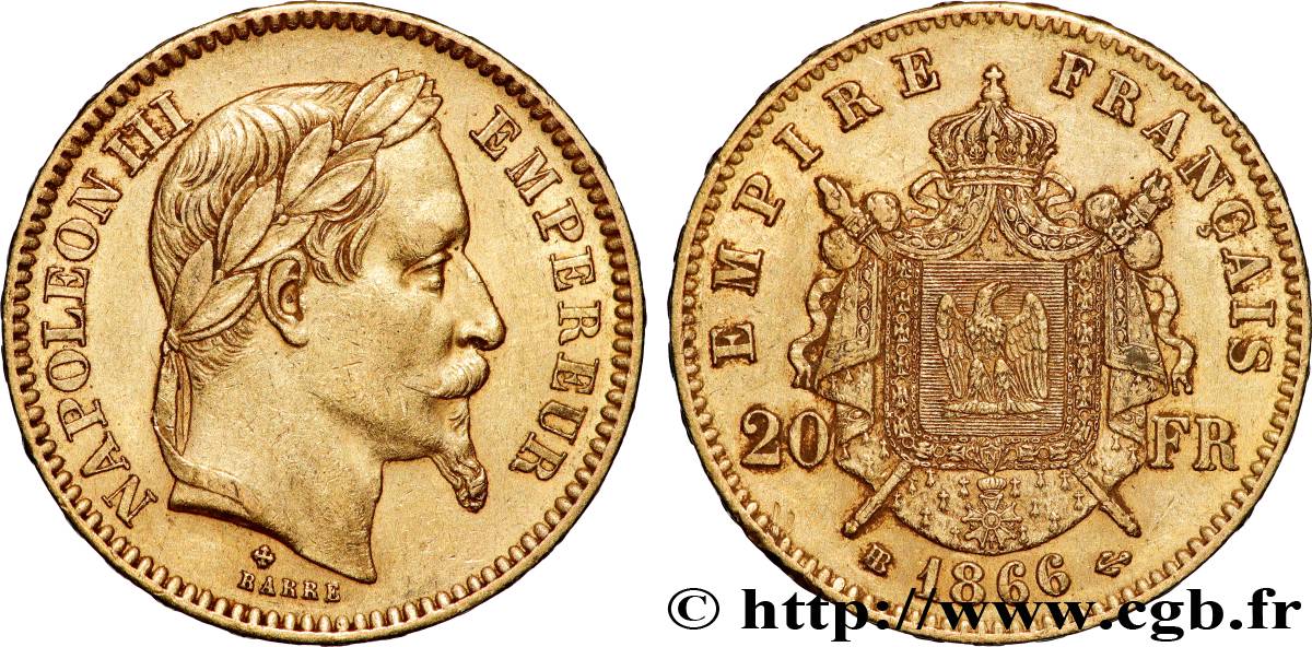 20 francs or Napoléon III, tête laurée 1866 Strasbourg F.532/14 q.SPL 