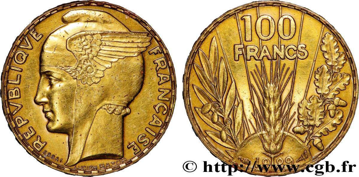 Concours de 100 francs or, essai de Bazor en bronze-aluminium 1929 Paris GEM.288 7 SUP+ 