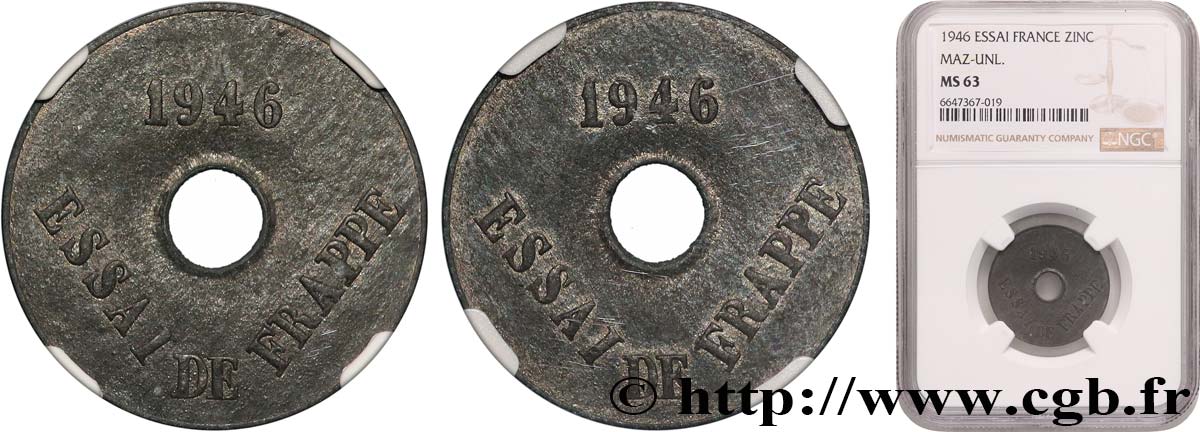 Essai de Frappe de 20 centimes 1946  GEM.54 5 SPL63 NGC