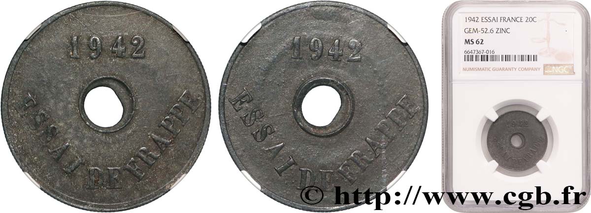 Essai de frappe, 20 centimes 1942  GEM.52 6 SUP62 NGC