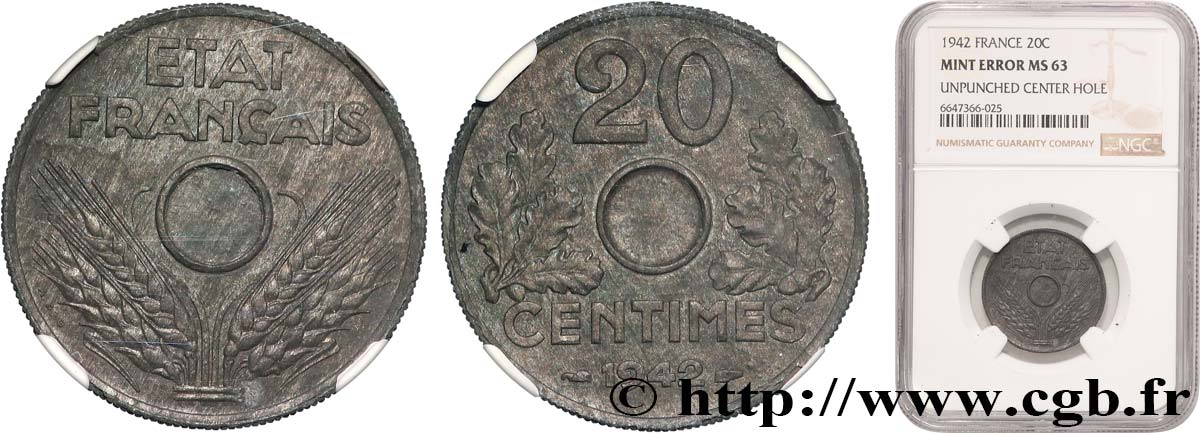 20 centimes État français, lourde, Fautée non trouée  1942  F.153/4 var. MS63 NGC