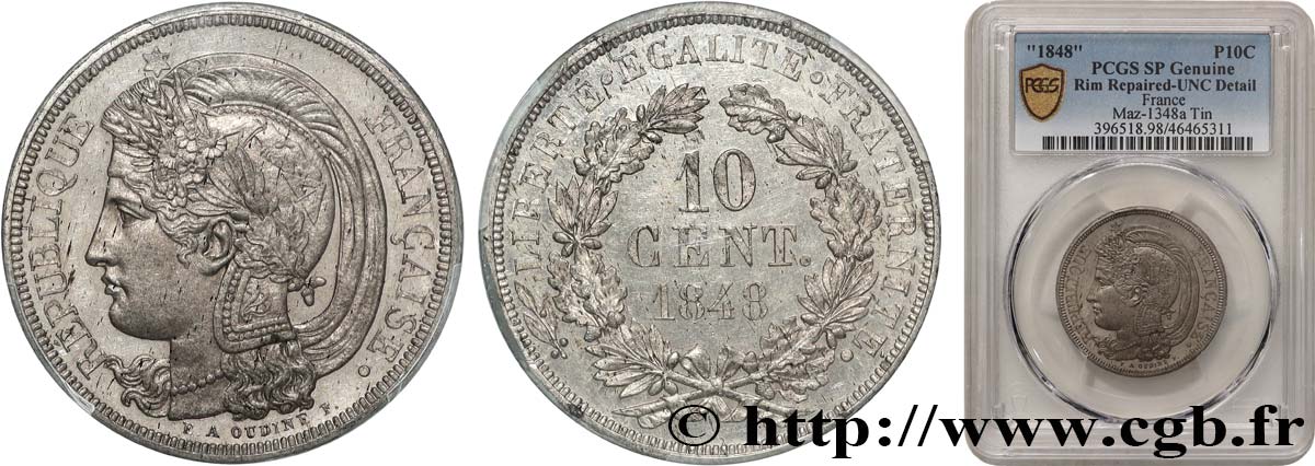 Concours de 10 centimes, essai en étain par Oudiné 1848 Paris VG.3149 var. de métal EBC+ PCGS