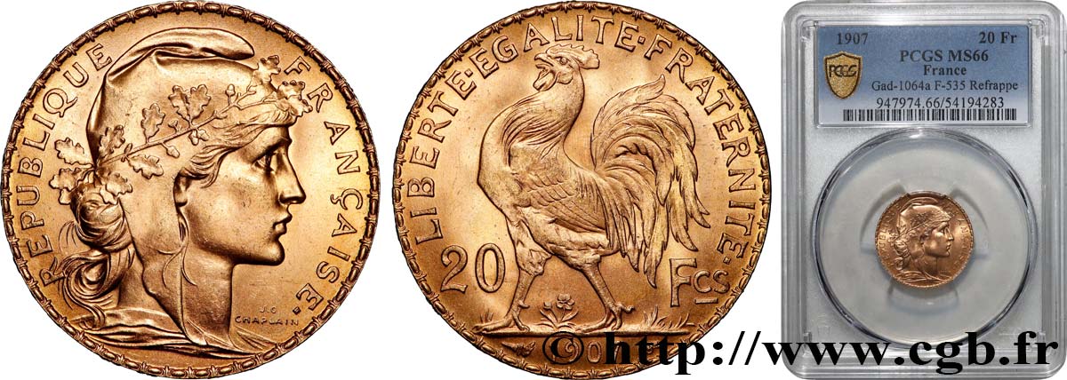 20 francs or Coq, Liberté Égalité Fraternité 1907 Paris F.535/1 FDC66 PCGS
