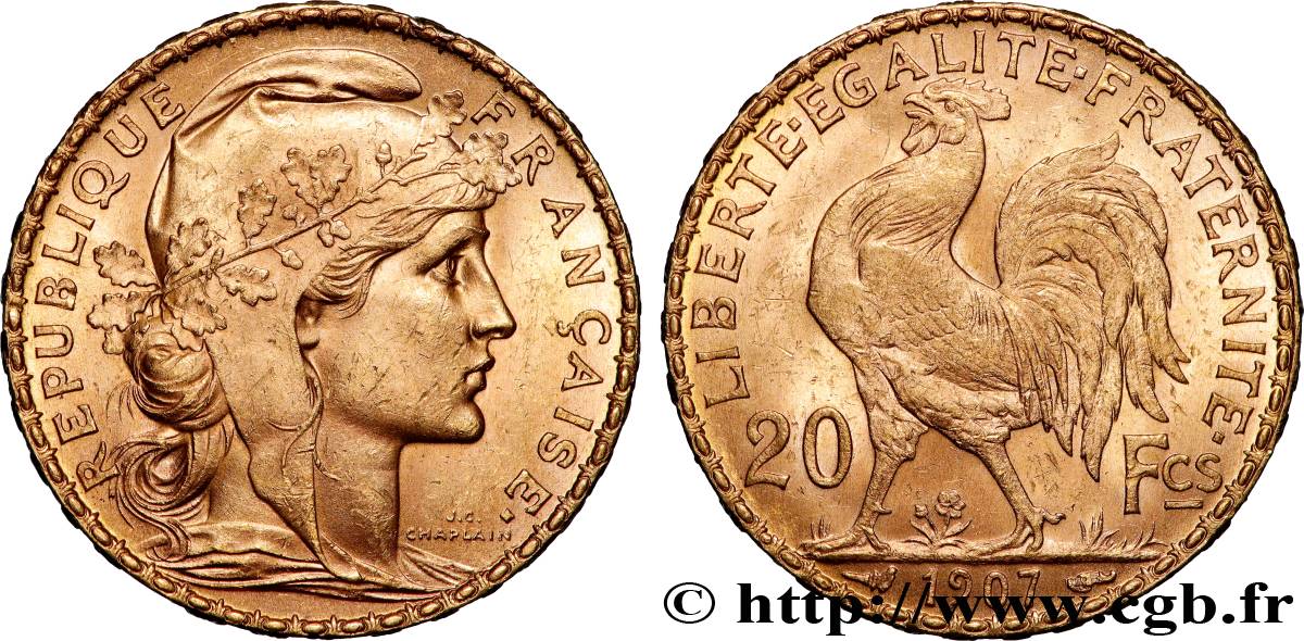 20 francs or Coq, Liberté Égalité Fraternité 1907 Paris F.535/1 SPL+ 