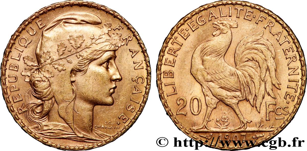 20 francs or Coq, Liberté Égalité Fraternité 1907 Paris F.535/1 SUP 