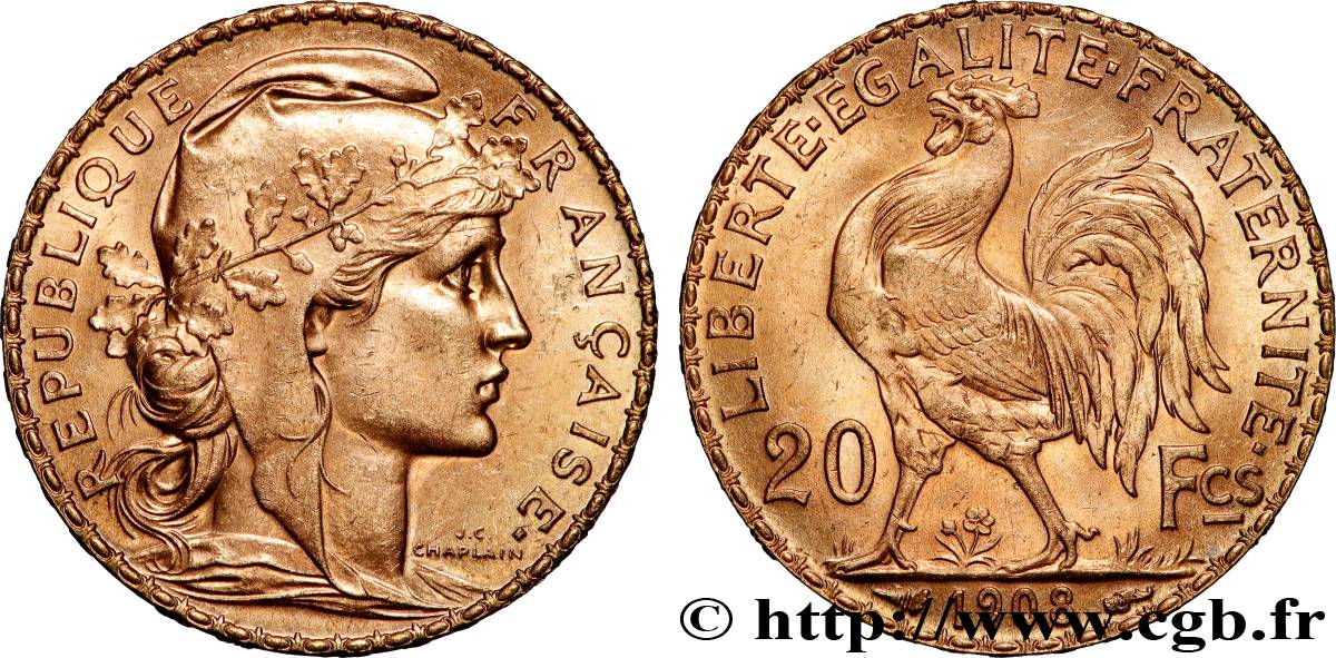 20 francs or Coq, Liberté Égalité Fraternité 1908 Paris F.535/2 SPL 