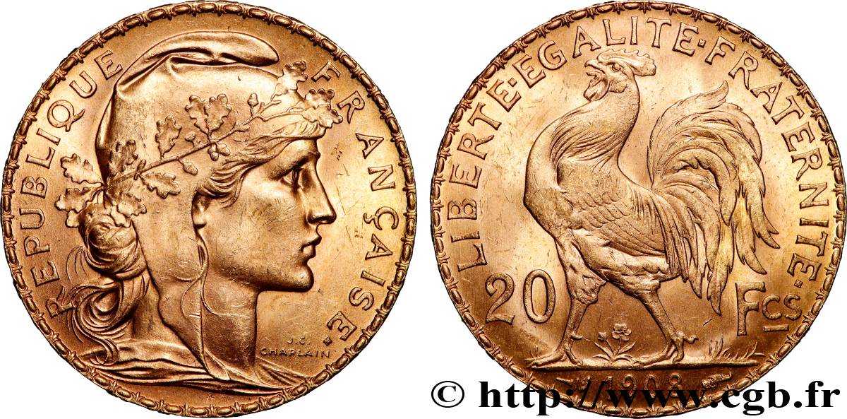 20 francs or Coq, Liberté Égalité Fraternité 1908 Paris F.535/2 SPL 