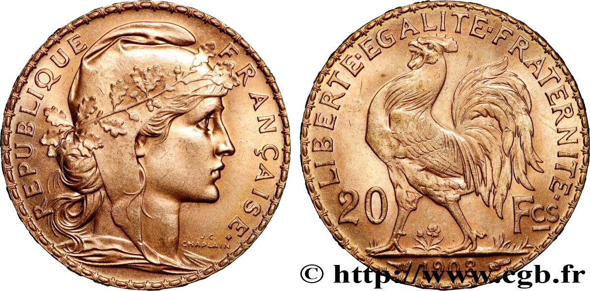 20 francs or Coq, Liberté Égalité Fraternité 1908 Paris F.535/2 MS 