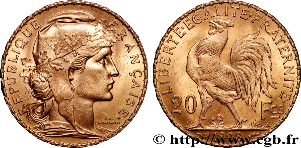 20 francs or Coq, Liberté Égalité Fraternité 1908 Paris F.535/2 SPL 
