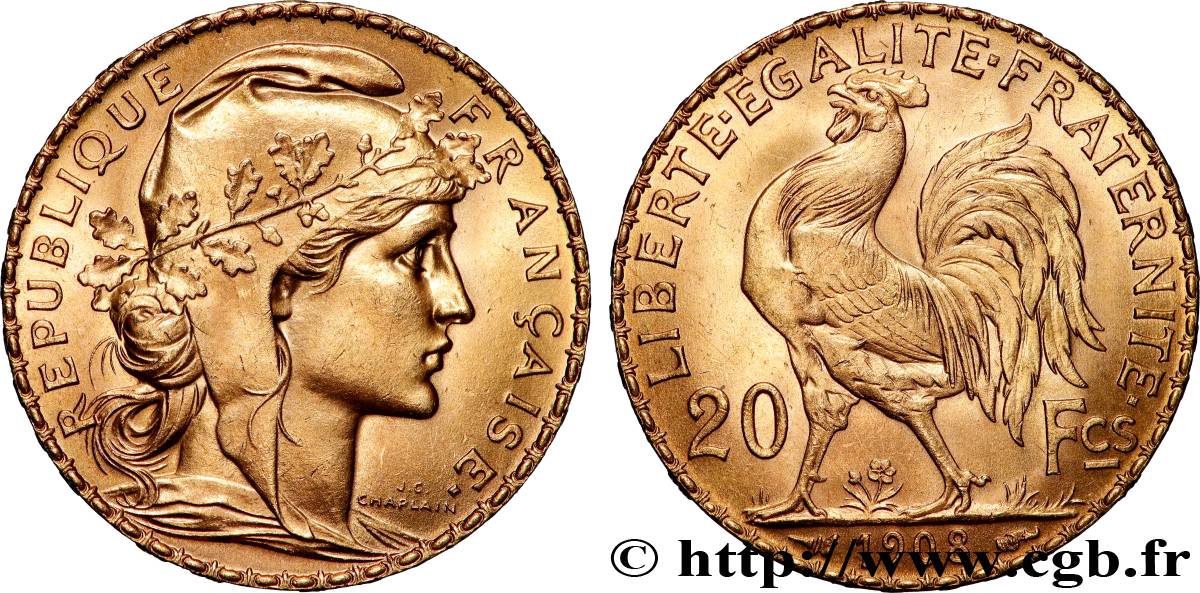20 francs or Coq, Liberté Égalité Fraternité 1908 Paris F.535/2 MS 