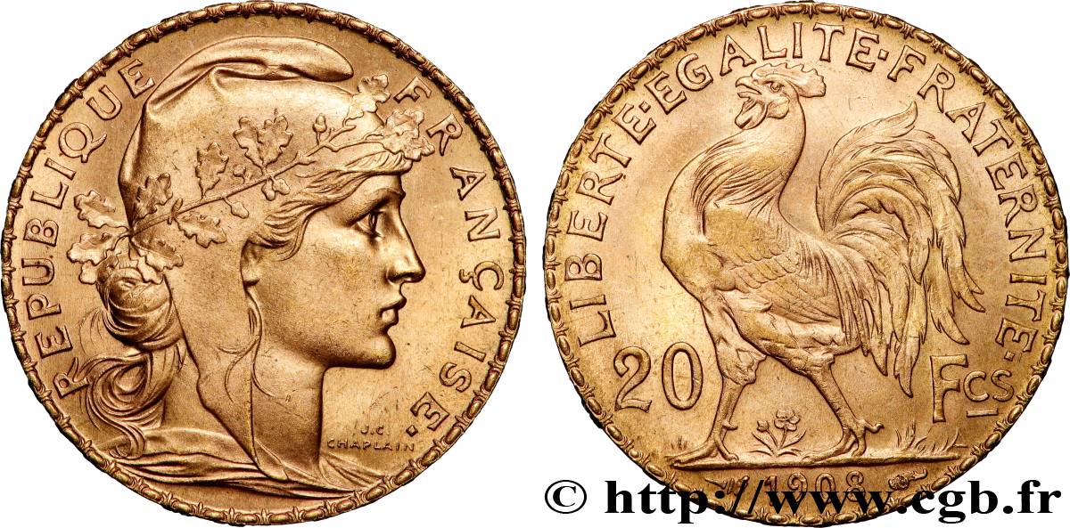 20 francs or Coq, Liberté Égalité Fraternité 1908 Paris F.535/2 SPL 