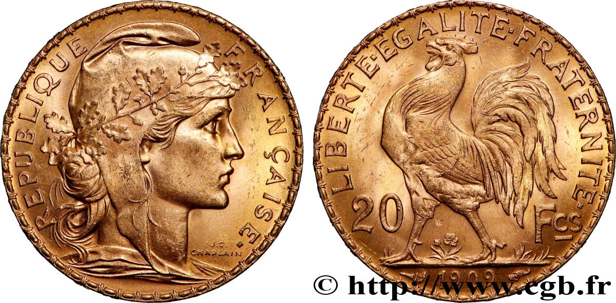 20 francs or Coq, Liberté Égalité Fraternité 1909 Paris F.535/3 SPL 