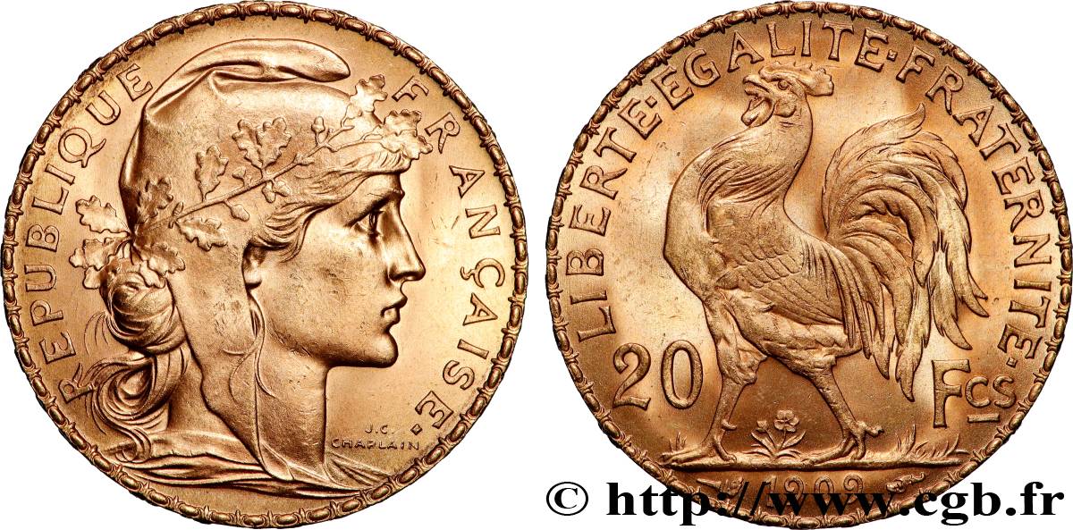 20 francs or Coq, Liberté Égalité Fraternité 1909 Paris F.535/3 MS 