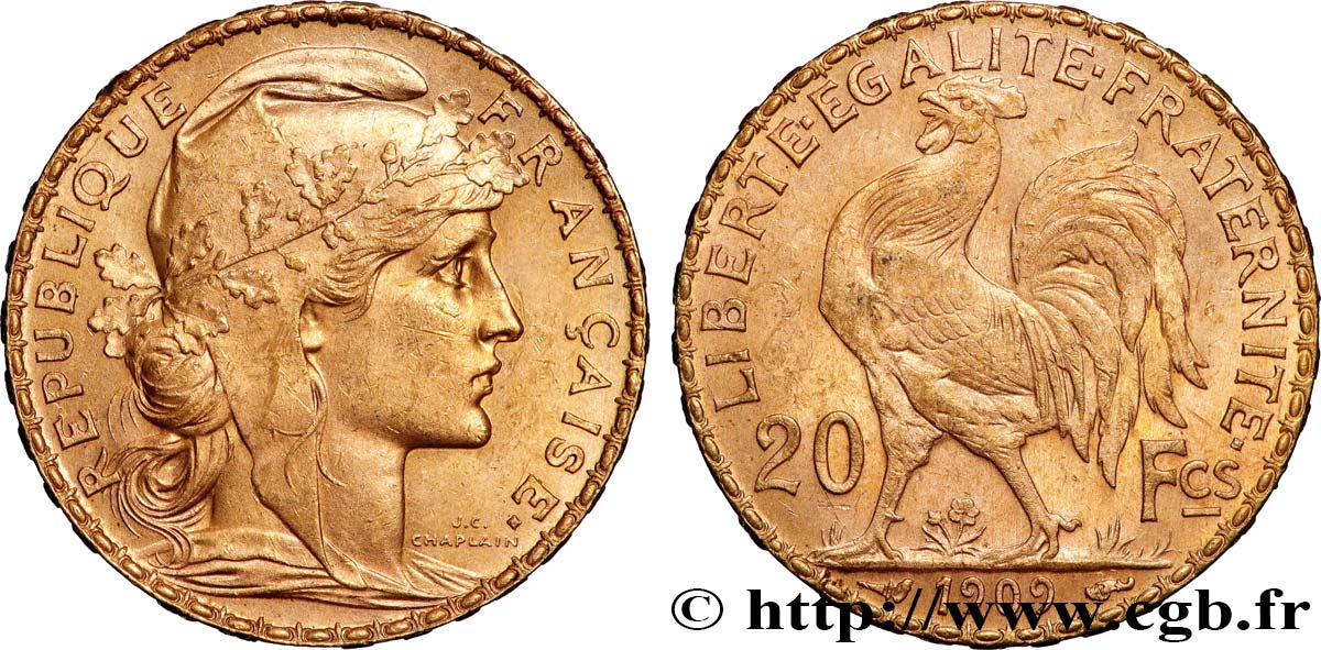 20 francs or Coq, Liberté Égalité Fraternité 1909 Paris F.535/3 AU 