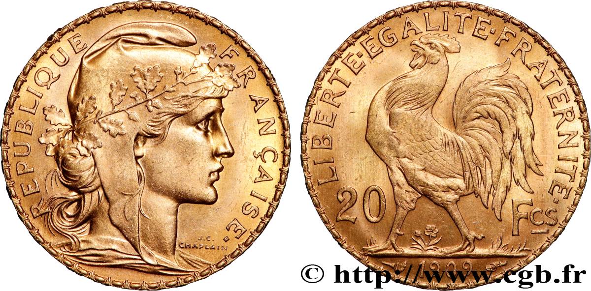 20 francs or Coq, Liberté Égalité Fraternité 1909 Paris F.535/3 MS 