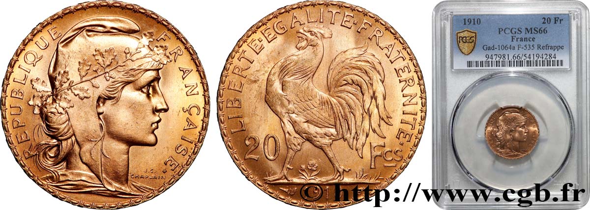 20 francs or Coq, Liberté Égalité Fraternité 1910 Paris F.535/4 FDC66 PCGS