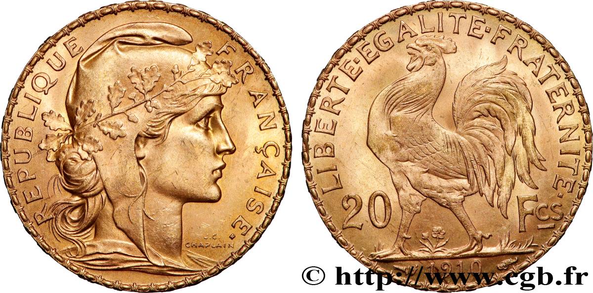 20 francs or Coq, Liberté Égalité Fraternité 1910 Paris F.535/4 SPL 