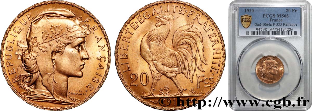 20 francs or Coq, Liberté Égalité Fraternité 1910 Paris F.535/4 FDC66 PCGS