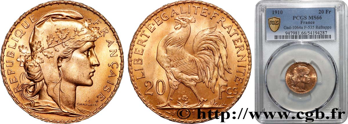 20 francs or Coq, Liberté Égalité Fraternité 1910 Paris F.535/4 ST66 PCGS