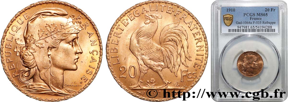 20 francs or Coq, Liberté Égalité Fraternité 1910 Paris F.535/4 FDC65 PCGS