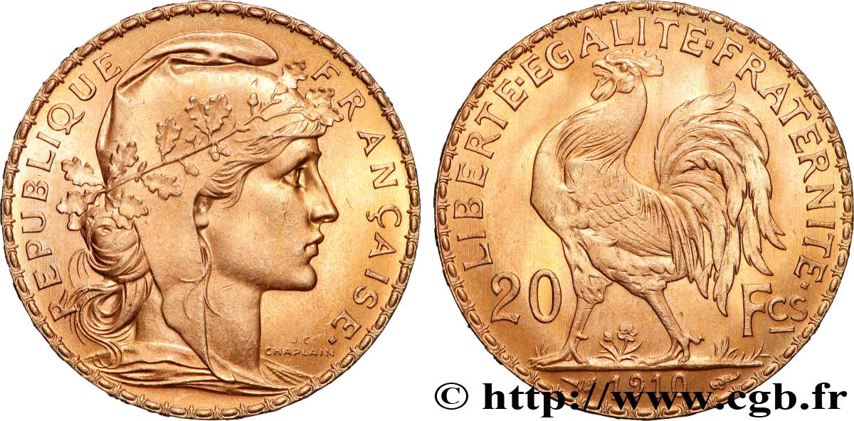 20 francs or Coq, Liberté Égalité Fraternité 1910 Paris F.535/4 EBC+ 