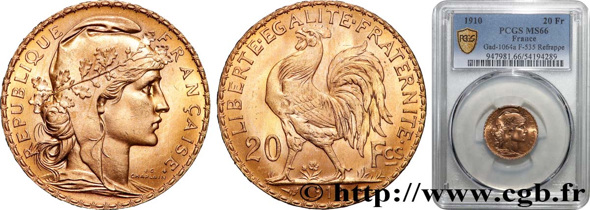 20 francs or Coq, Liberté Égalité Fraternité 1910 Paris F.535/4 FDC66 PCGS