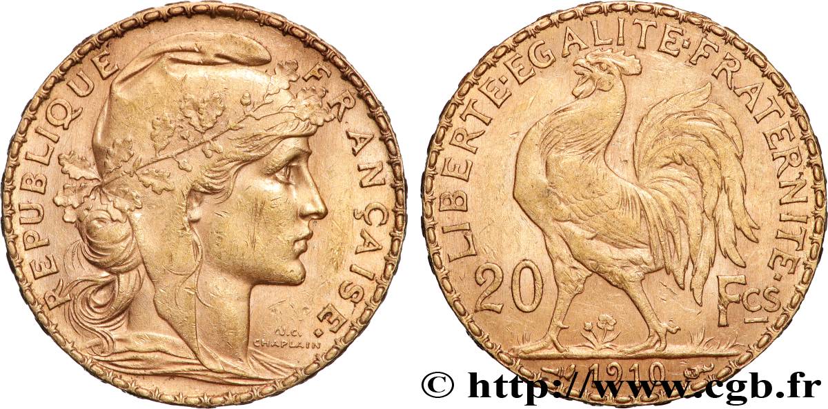 20 francs or Coq, Liberté Égalité Fraternité 1910 Paris F.535/4 TTB+ 