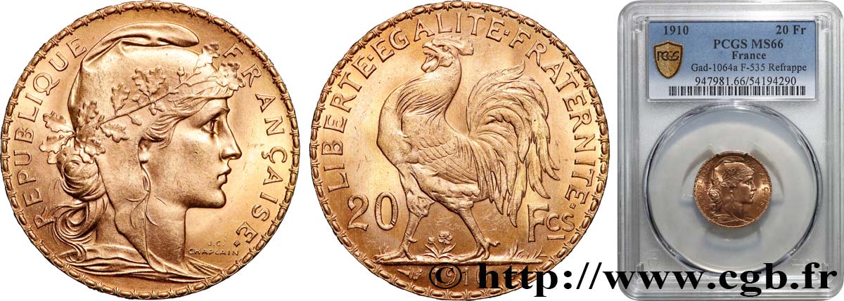 20 francs or Coq, Liberté Égalité Fraternité 1910 Paris F.535/4 FDC66 PCGS