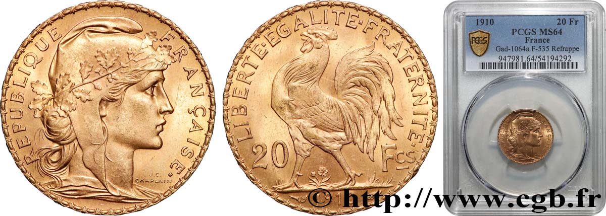 20 francs or Coq, Liberté Égalité Fraternité 1910 Paris F.535/4 SPL64 PCGS