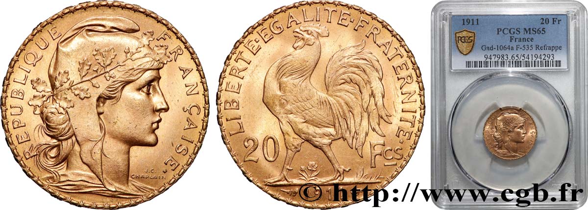20 francs or Coq, Liberté Égalité Fraternité 1911 Paris F.535/5 FDC65 PCGS