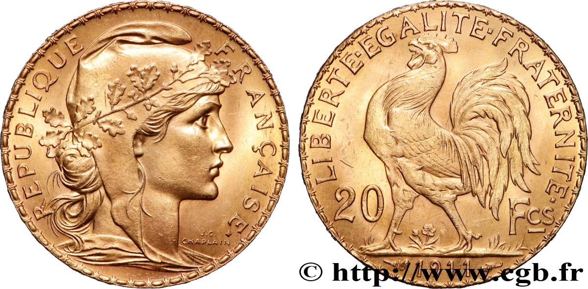20 francs or Coq, Liberté Égalité Fraternité 1911 Paris F.535/5 SPL 