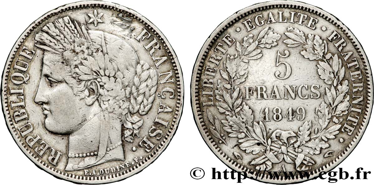 5 francs Cérès, IIe République, Main/Main 1849 Paris F.327/2 q.BB 