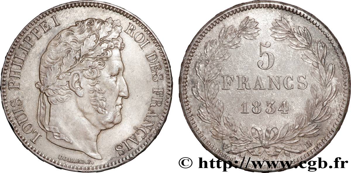 5 francs IIe type Domard 1834 La Rochelle F.324/33 SUP+ 