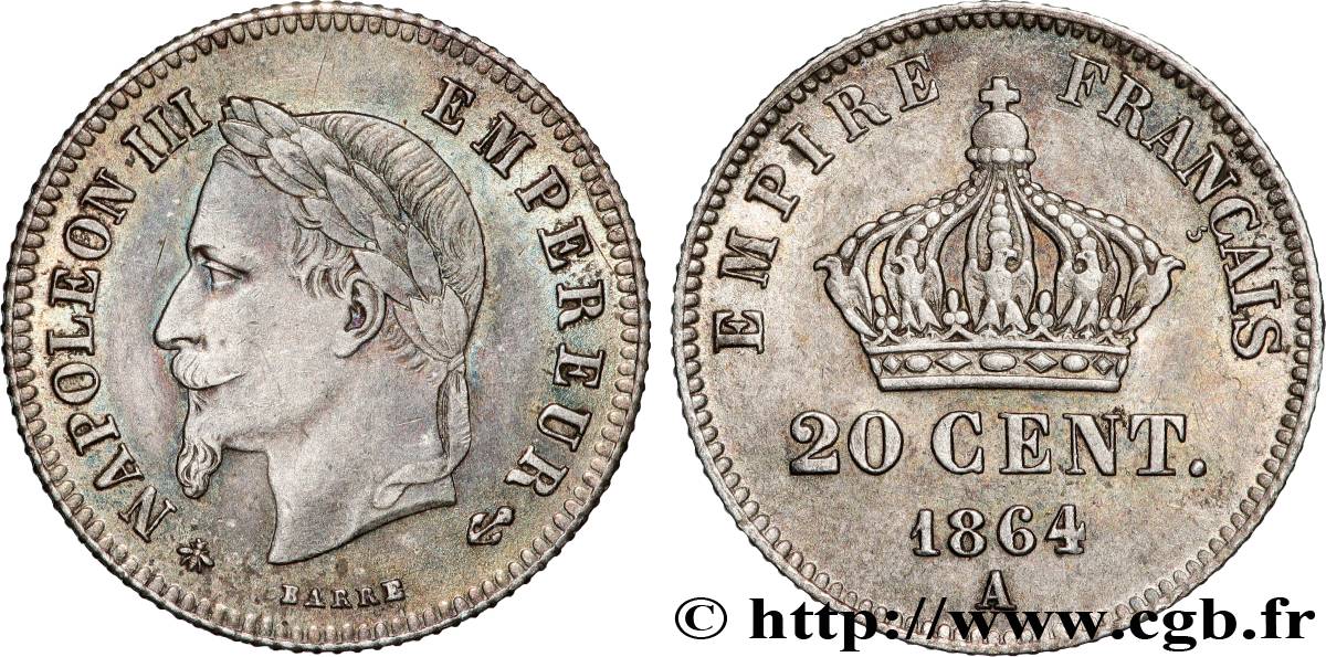 20 centimes Napoléon III, tête laurée, petit module 1864 Paris F.149/1 SUP+ 