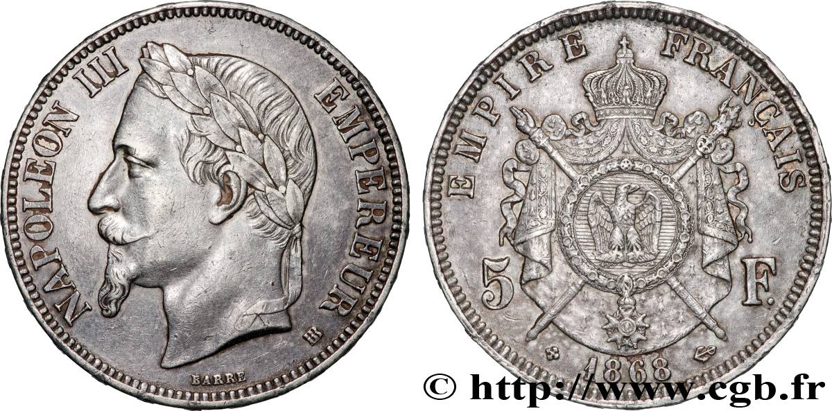5 francs Napoléon III, tête laurée 1868 Strasbourg F.331/13 SUP 