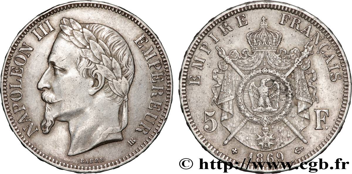 5 francs Napoléon III, tête laurée 1869 Strasbourg F.331/15 q.SPL 